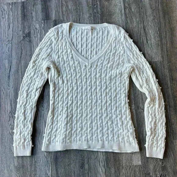 Boston Proper Sweaters - Boston Proper Sweater White V Neck Cable Knit Faux Pearl Embellished Size Large